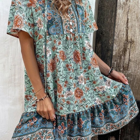 Multicolor Boho Womens Floral Print Tie Neck Smock Dress - Picture 3 of 5